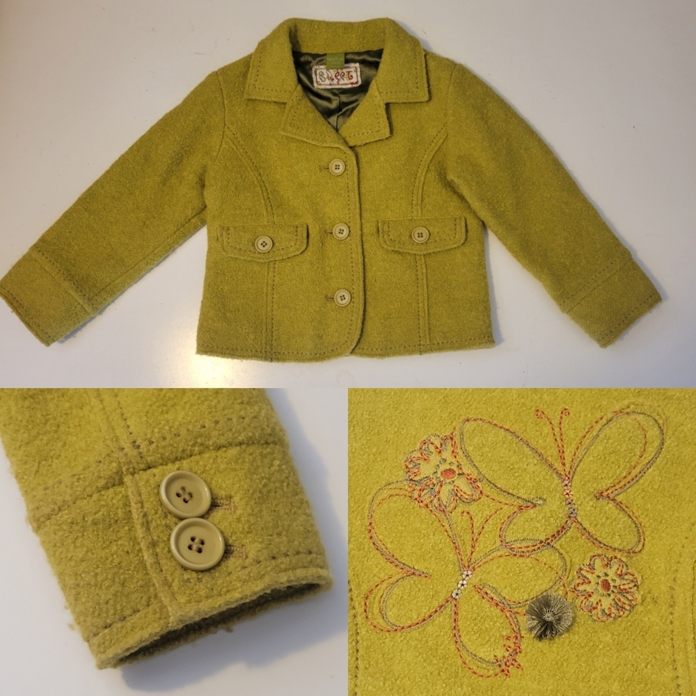 3 HALLMARK BOHO BABIES GREEN COAT JACKET EMBROIDERED BUTTERFLIES Lk Worsted Wool